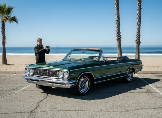Inspector photographing the front of a classic convertible at a California beach