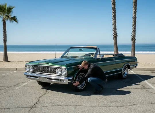 Inspector checking the tires of a classic convertible