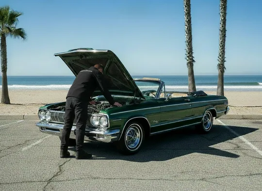 Inspector examining the engine bay of a classic convertible