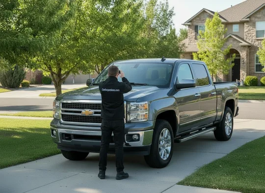 Inspector photographing a pickup truck in a driveway