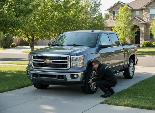 Inspector checking the tires of a pickup truck