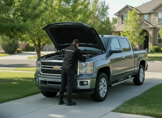 Inspector examining the engine bay of a pickup truck
