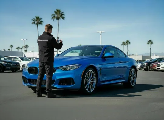 Inspector photographing a sports car at a dealership