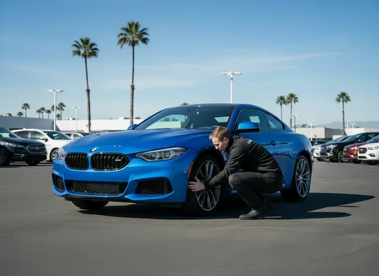 Inspector checking the tires of a sports car