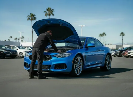 Inspector examining the engine bay of a sports car