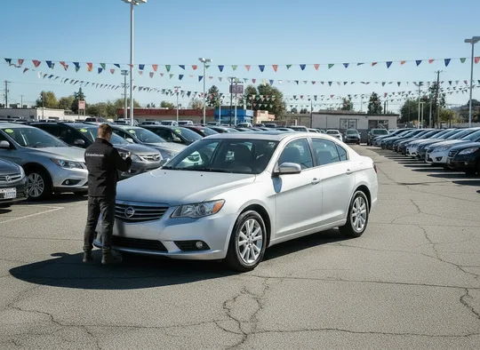 Inspector photographing a sedan at a used car lot
