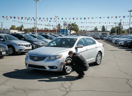 Inspector checking the tires of a sedan at a used car lot