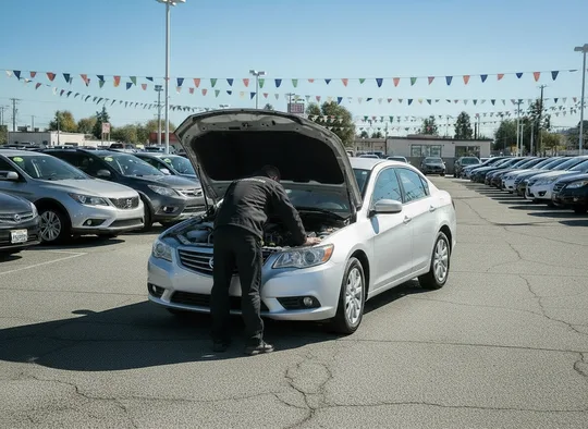 Inspector examining the engine bay of a sedan at a used car lot