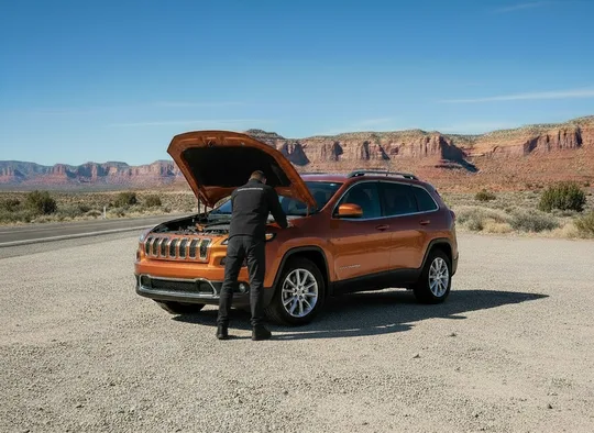 Inspector examining the engine bay of an SUV in the desert