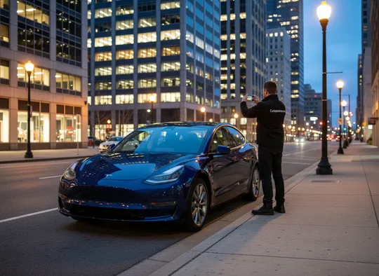 Inspector photographing a sedan on a downtown street at dusk