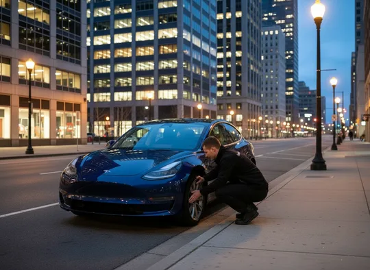 Inspector checking the tires of a sedan in the city