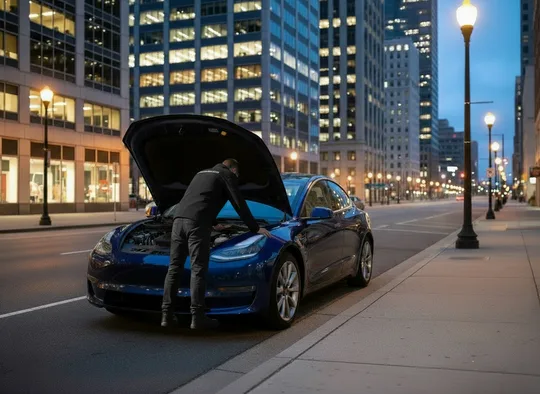 Inspector examining the engine bay of a sedan in the city